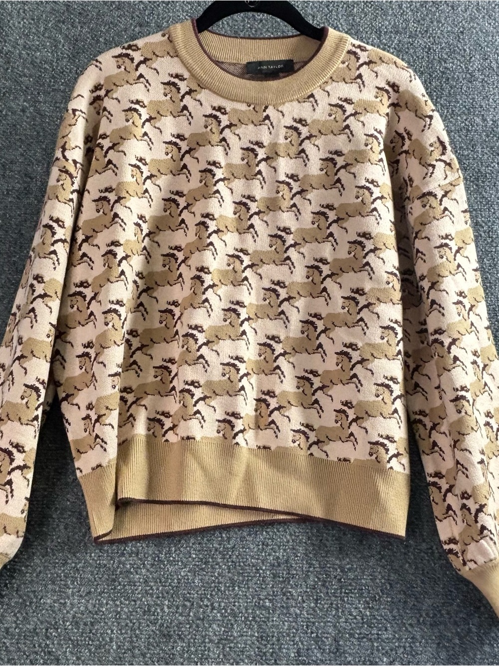 Ann Taylor Beige and Brown Horse Jacquard Crewneck Sweater
